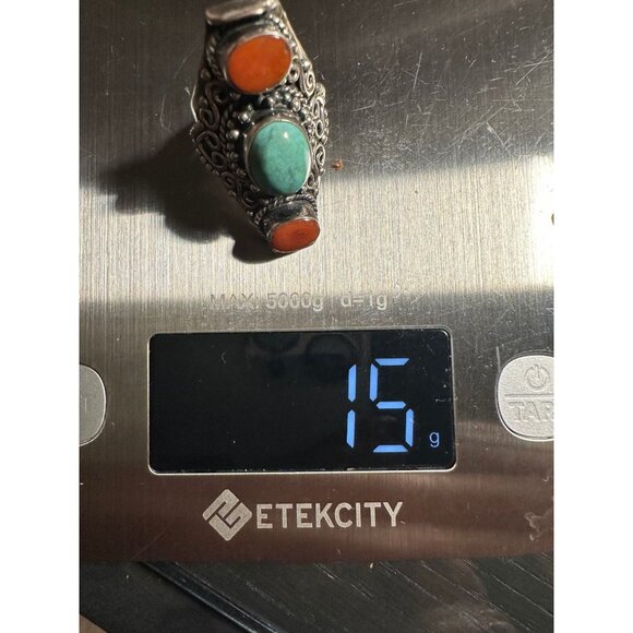 VTG Sterling Silver Red Coral Turquoise Ring - Picture 6 of 6